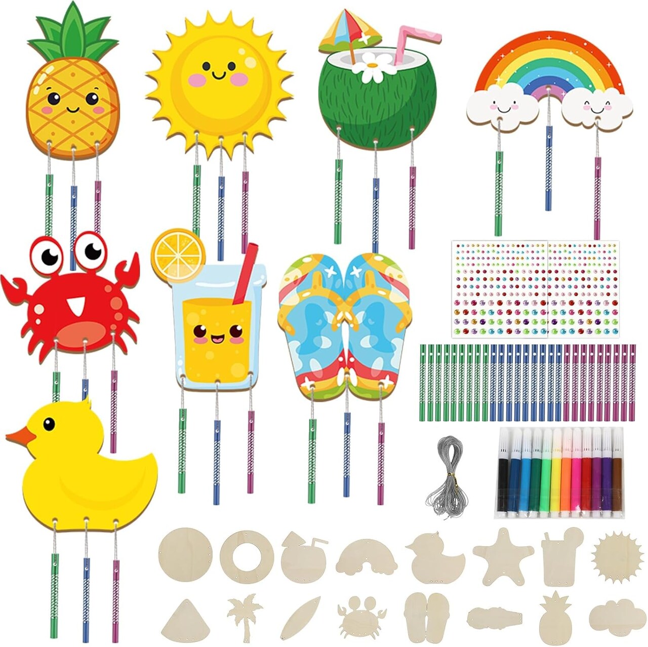 16 Pack Kids Beach Wind Chime Craft Kit – DIY Hawaiian Luau Wooden Painting Set, Summer Fruit & Ocean Theme Arts & Crafts, Classroom Activity, Birthday Party Favors & School Craft Supplies